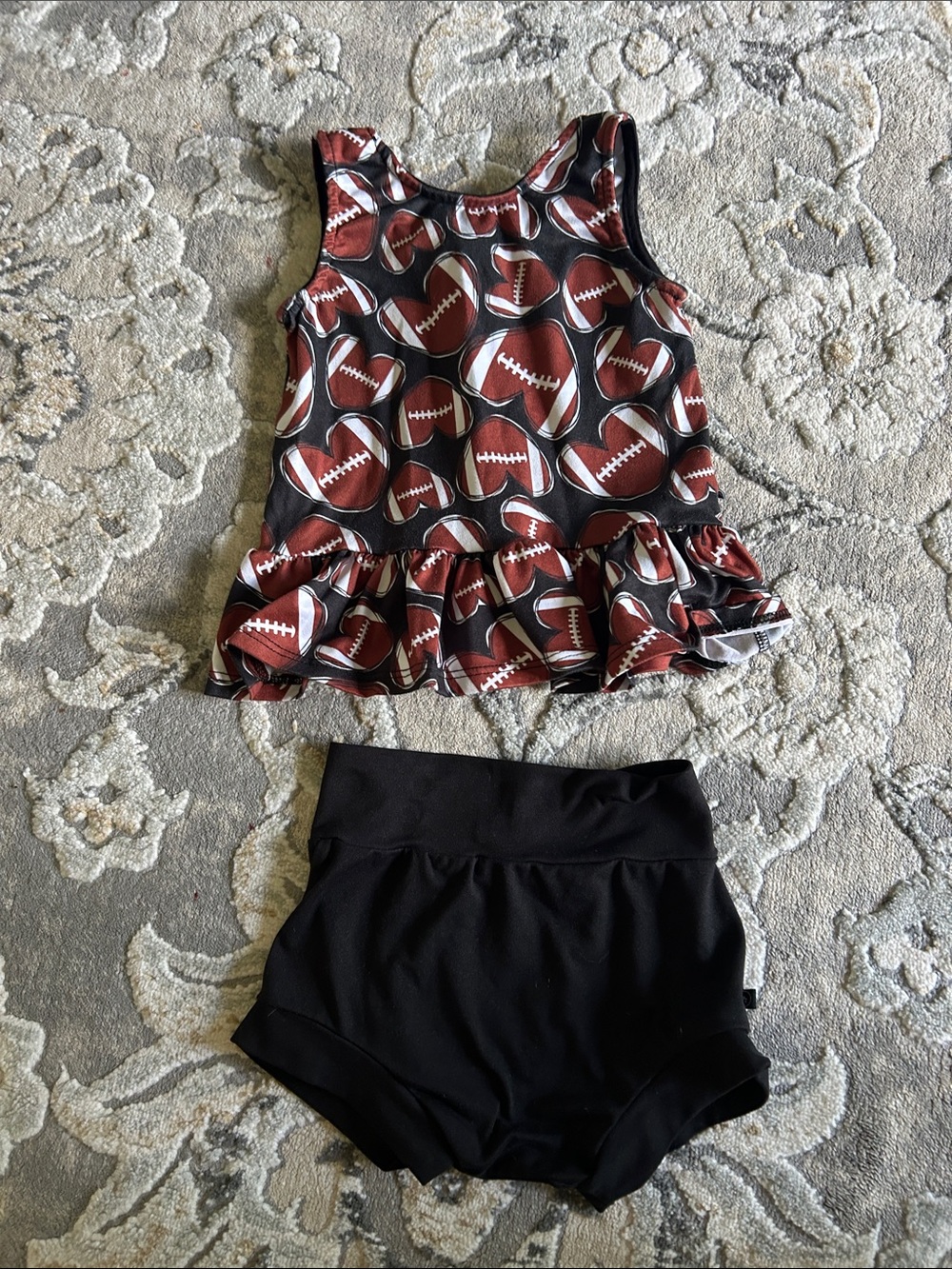 Little Rangos Girls Football Print Ruffle Tankini Top with Black Bottoms